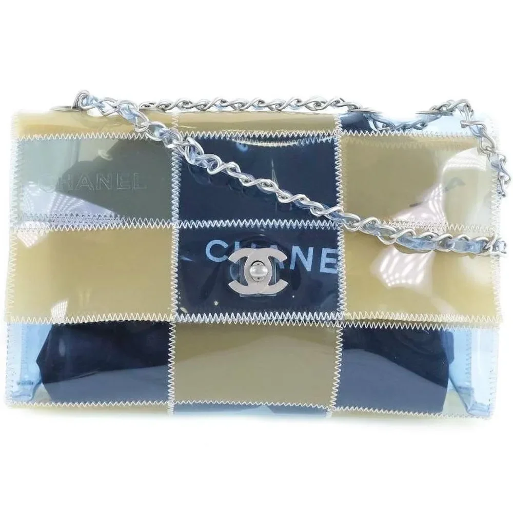 Rare Vintage CHANEL Blue and Beige PVC Stitched Patchwork CC Logo Should…